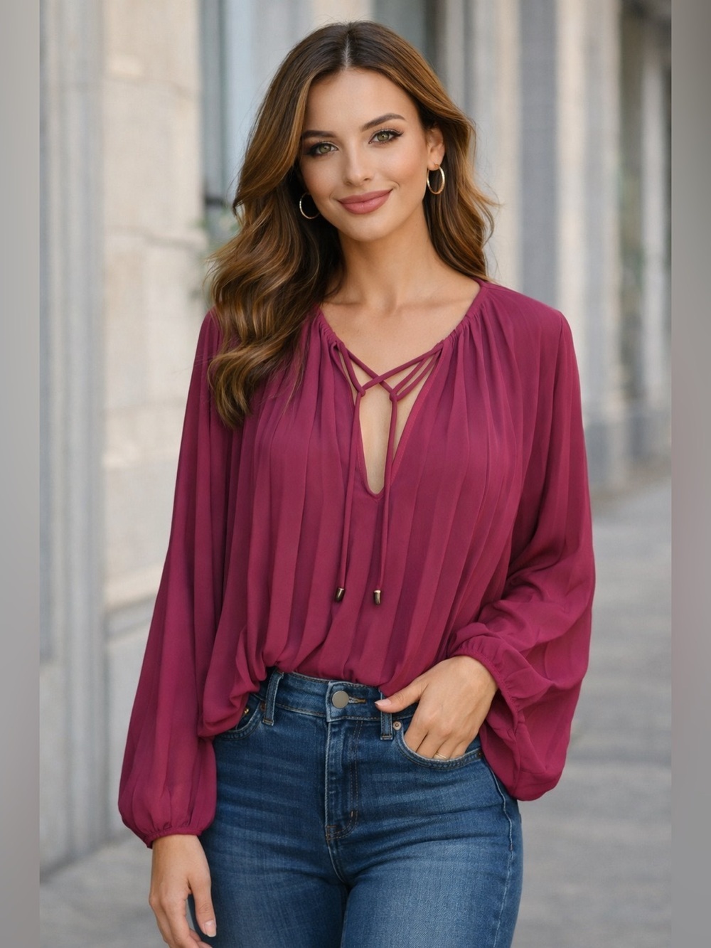 Zara Women Magenta Accordion Pleated Chiffon Blouse Top Sz L Peasant Boho